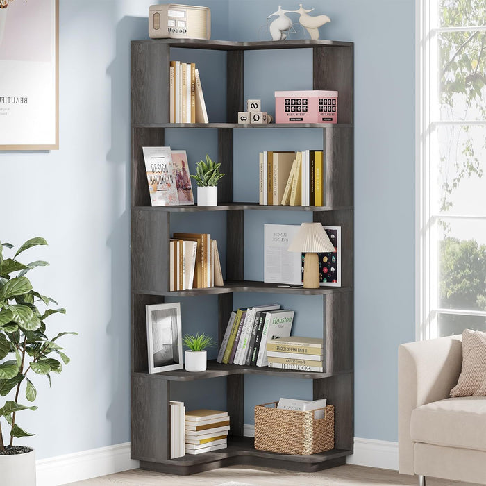 6 Tier Corner Bookshelf, L-Shaped Freestanding Shelf With Anti Drop Panels