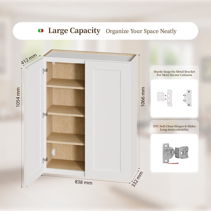 Shaker Wall Cabinet With Soft Close Hinges, Adjustable Shelves, Double Door