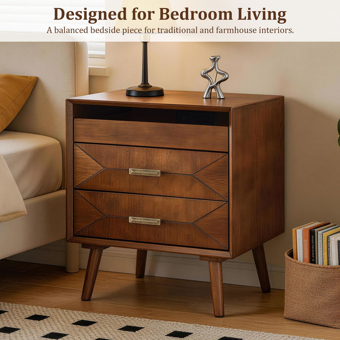 Nightstand With Charging Station, 2 Drawers And Open Shelf, USB / Type C Ports
