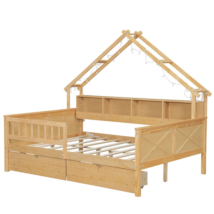 House Style Platform Bed With LED Lights, Storage Shelves, Drawers, And Guardrail