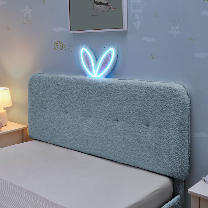 Upholstered Bed With Oversized Rabbit Ear Headboard, LED Lights & 4 Storage Drawers