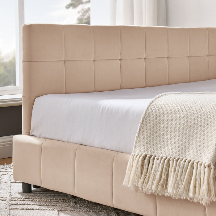 Mid-Century Storage Upholstered Tufted Bed Frame With Backrest And Armrests