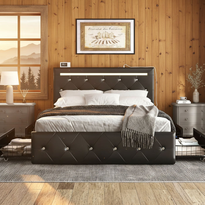 Upholstered Bed Frame With LED Lights, 4 Storage Drawers, Charging Station