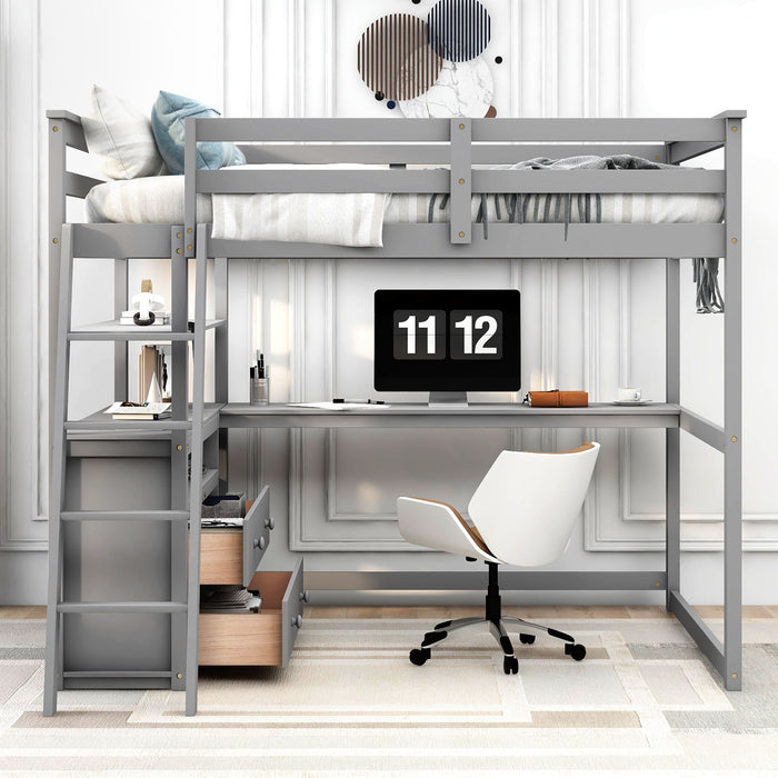 Modern Loft Bed With Built In Desk, Shelves, And 2 Drawers