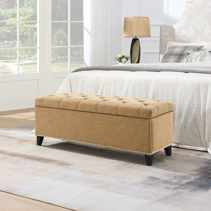 Button-Tufted Storage Ottoman With Safety Close Hinge