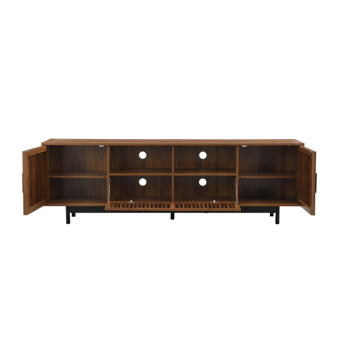 TV Stand, Entertainment Center With Slatted Doors, Cable Management, Soft Closing Hinges - Walnut
