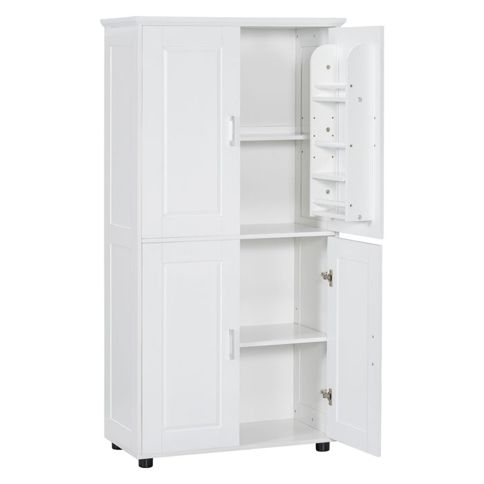 Tall And Wide Bathroom Floor Storage Cabinet With 4 Doors, Adjustable Shelves - White