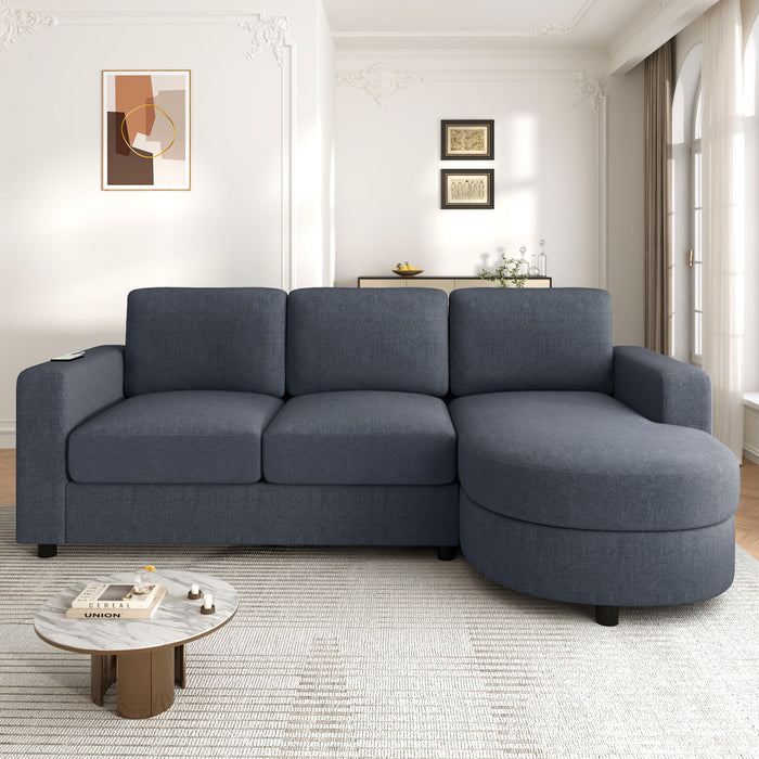 Modern L-Shaped Sectional Sofa With Curved Chaise, USB Ports, And Side Storage Pockets