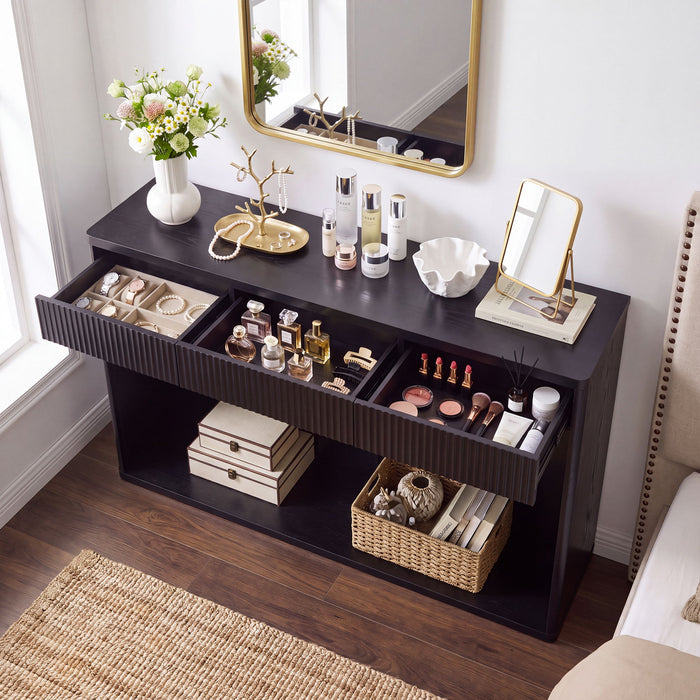 Fluted Console Table With 3 Drawers, Long Sofa Table Behind Couch For Living Room - Black