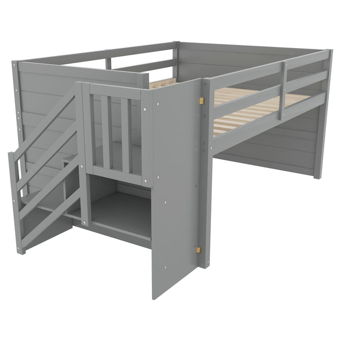 Low Loft Bed Frame With Built In Stairs, Storage Drawer, Shelf And 7 Color LED Light