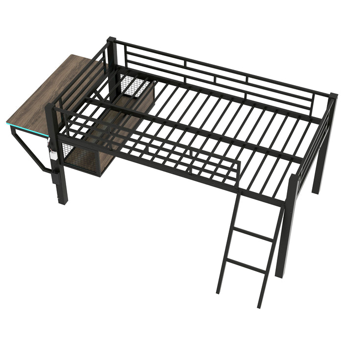 Gaming - Twin Loft Bed With Desk And LED - Black
