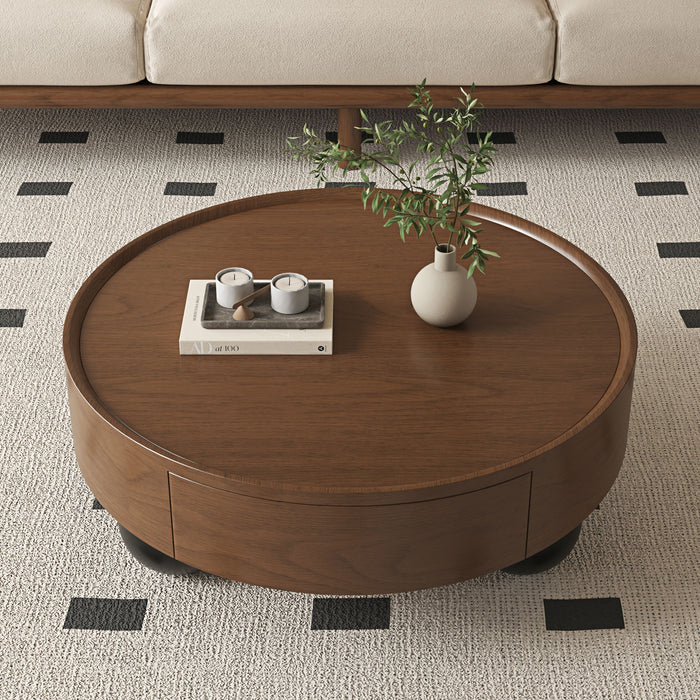 Round Coffee Table With Storage Drawer And Ball Feet - Walnut / Black