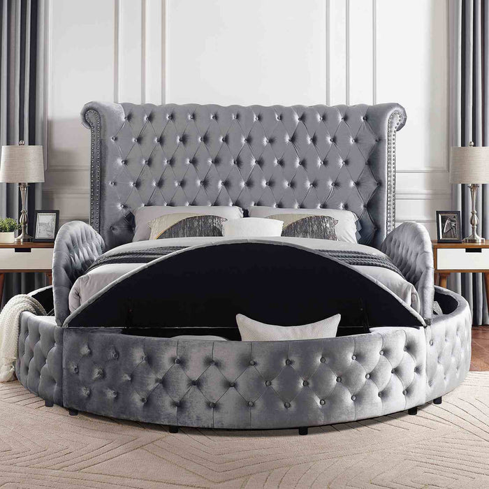 Glam Button Tufted Wingback Round Bed With Storage And USB Ports