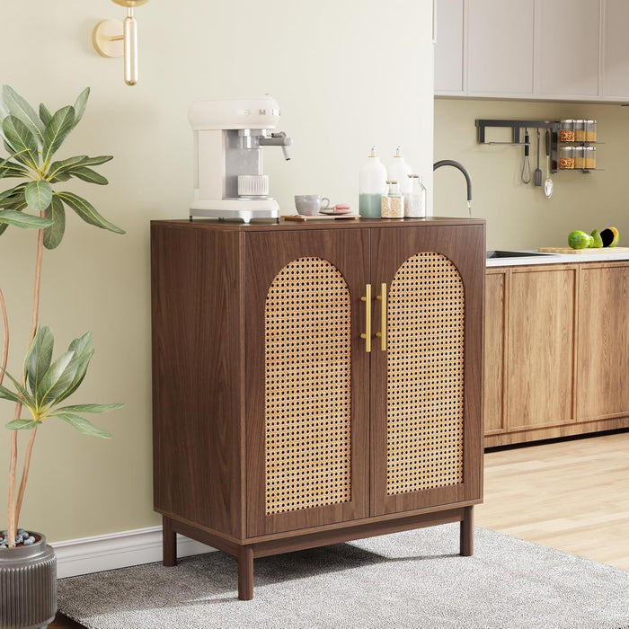 Sideboard Buffet Cabinet With Handwoven Rattan Doors (Set of 2) - Dark Brown