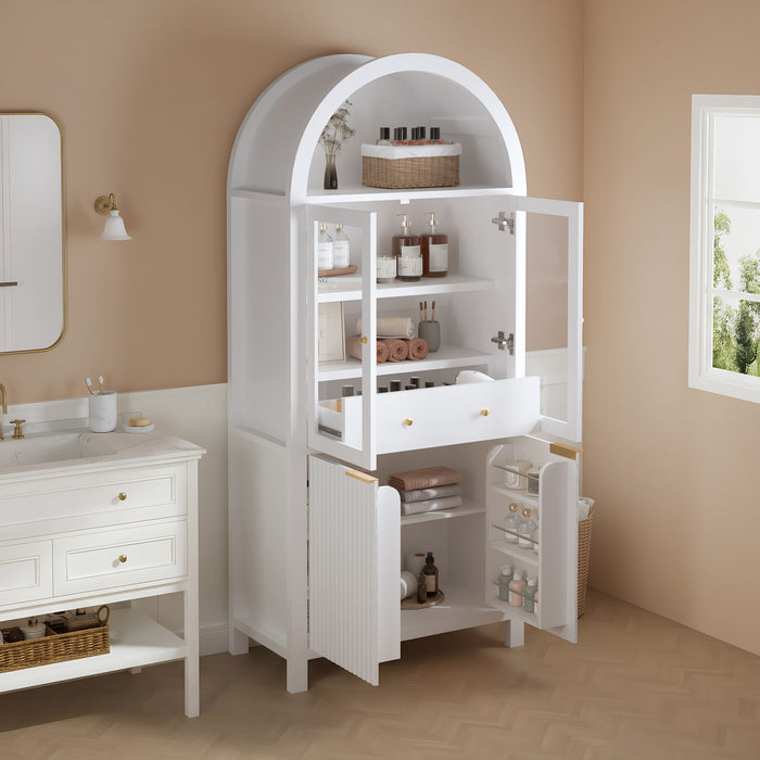 Fluted Tall Arched Pantry Cabinet With Adjustable Shelves, Glass Door & Hidden Drawer For Kitchen