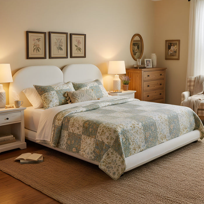 Queen Size Upholstered Platform Bed Frame With Split Headboard - White