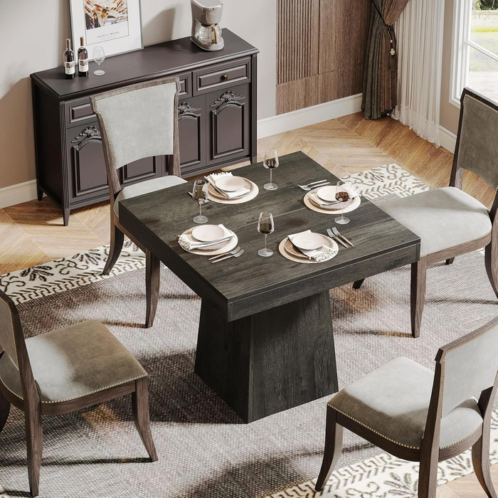 Square Dining Table For 4 With Thick Grain Top And Sturdy Pedestal Base - Gray