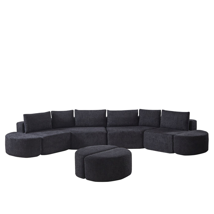 Modular Sectional Sofa With 6 Pillows And 4 Curved Footstools For Living Rooms - Black