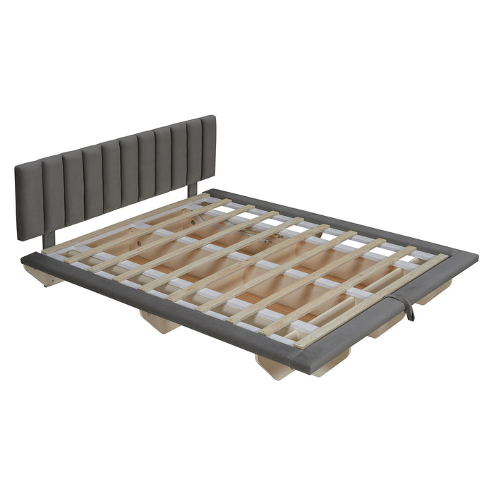 Upholstered Floating Hydrualic Platform Bed With LED Light And USB Port