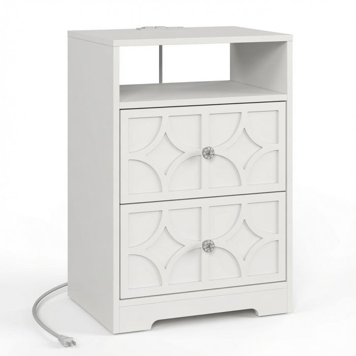Nightstand With Diamond Carvings Handles, 2 Drawers & Charging Station