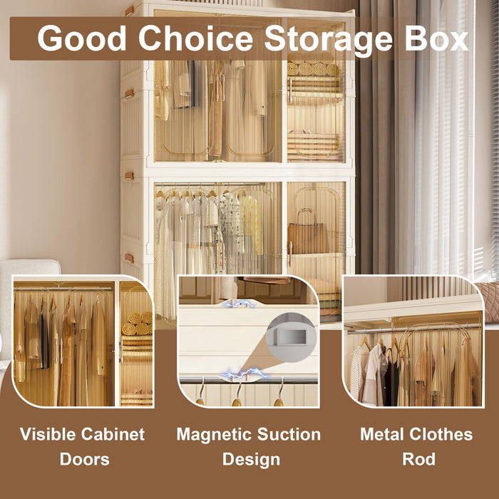 Portable Wardrobe Closet Storage Organizer For Clothes, 9 Magnetic Doors With 9 Cubes & 2 Hanging Rods, 6 Hangers - Cream White