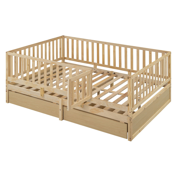 Daybed With Fence Guardrails And 2 Drawers, Split Into Independent Floor Bed & Daybed