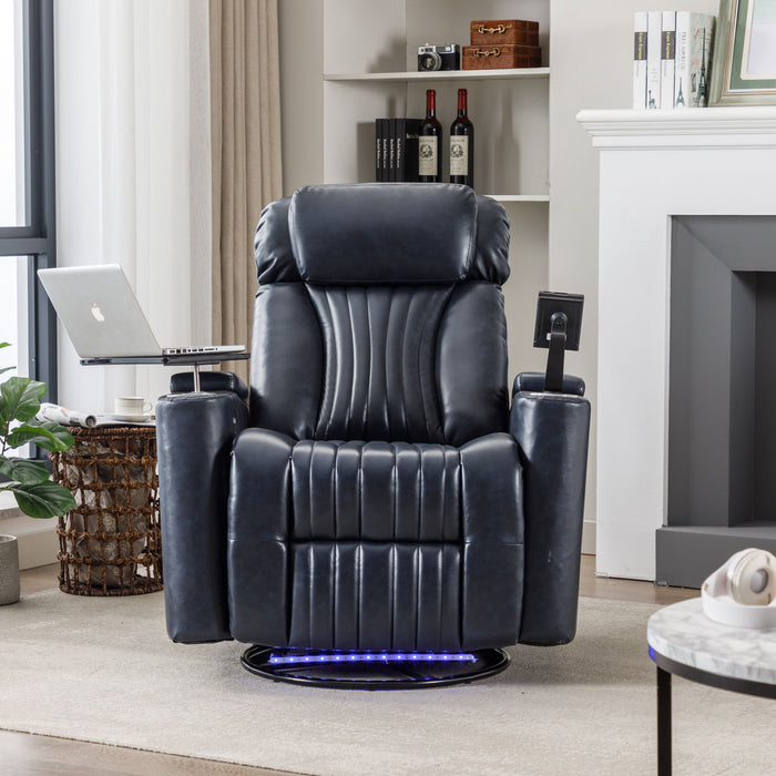 270° Power Swivel Recliner Home Theater Chair With Hidden Arm Storage, LED Light, Cup Holder, And Tray Table