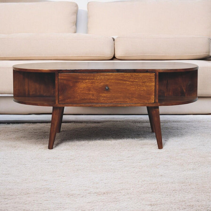 Oval Coffee Table With 1 Drawer - Chestnut