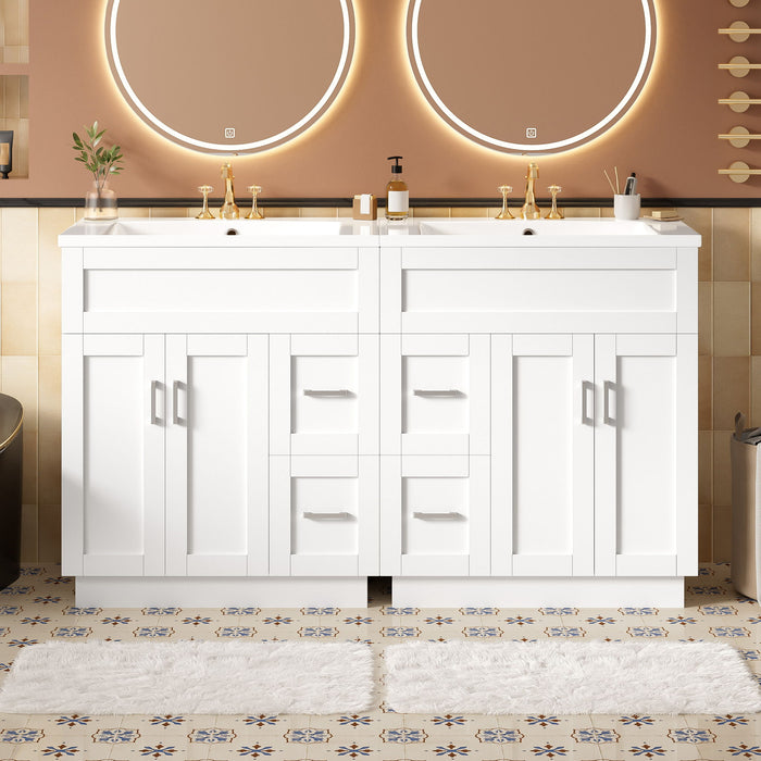 Bathroom Vanity With Dual Sinks, 4 Cabinet Doors, 4 Drawers, Adjustable Shelves - White