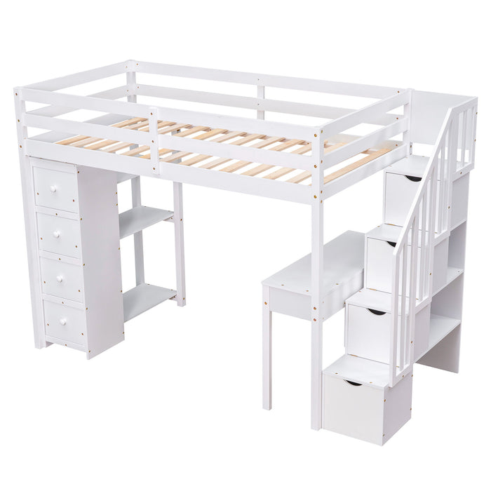 Loft Bed With Storage Drawers, Desk And Stairs With Shelves