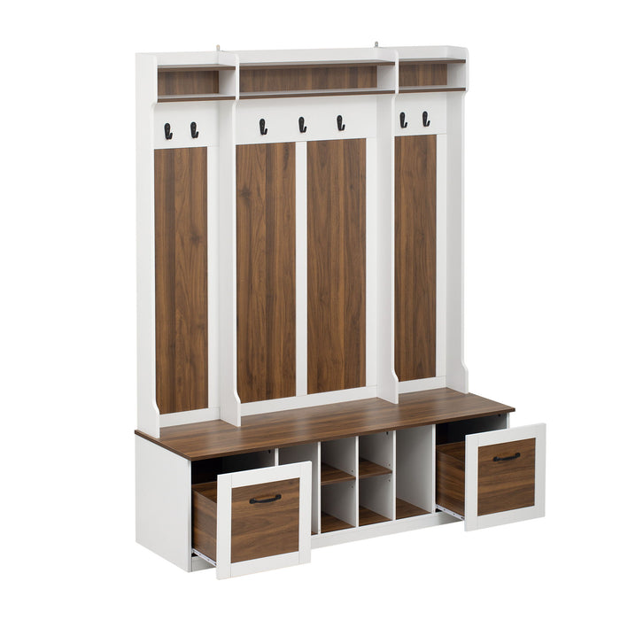 5 In 1 Entryway Bench With Coat Rack, 7 Sturdy Hooks, 2 Spacious Drawers And Adjustable Shelves