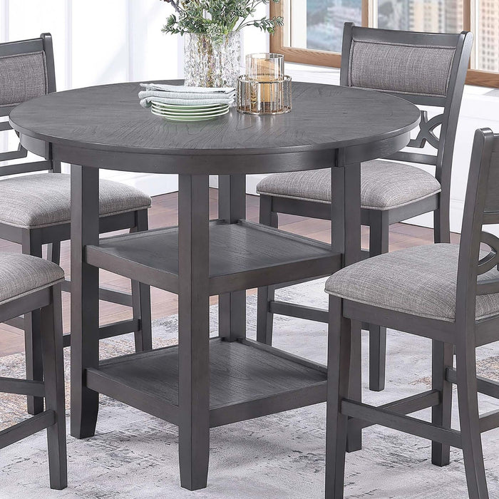 5 Piece Counter Height Dining Set With Storage Shelves Round Table And Upholstered High Chairs - Gray