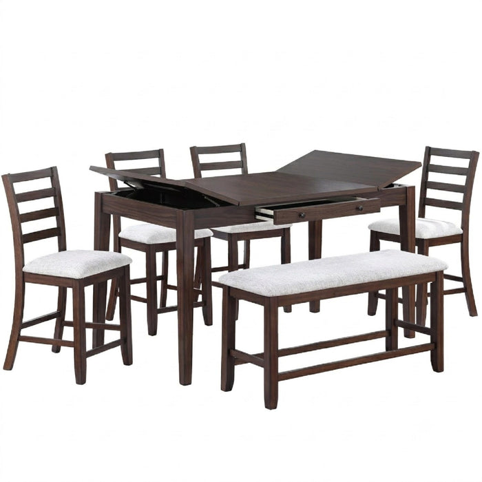 6 Piece Counter Height Dining Set Table With Storage Ladder Back Chairs And Bench - Walnut