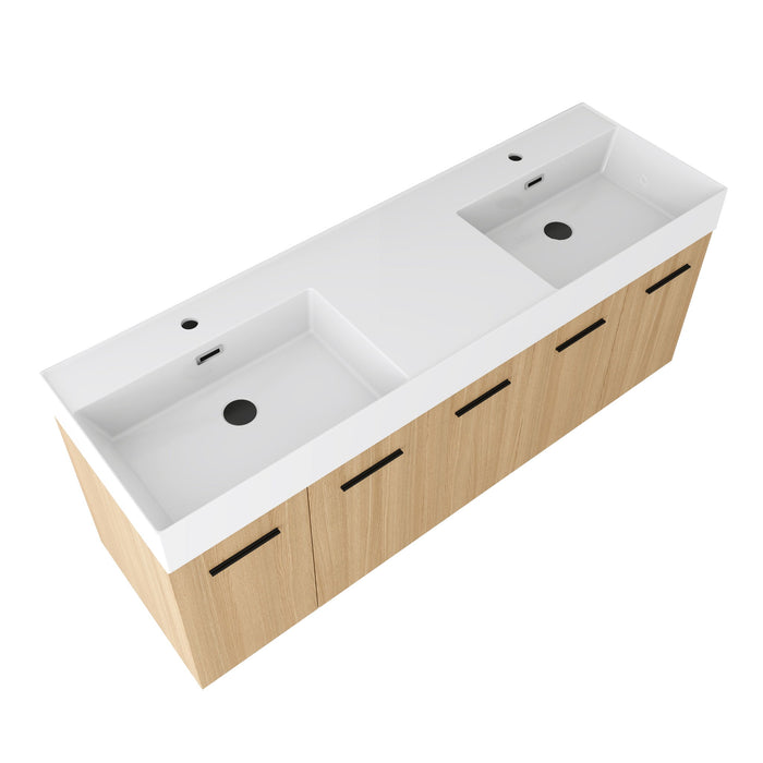 Floating Double Sink Bathroom Vanity With Extra Large Storage, Integrated Sink, Soft Close Doors, Wall Mounted Bath Vanity - Glossy White / Light Oak