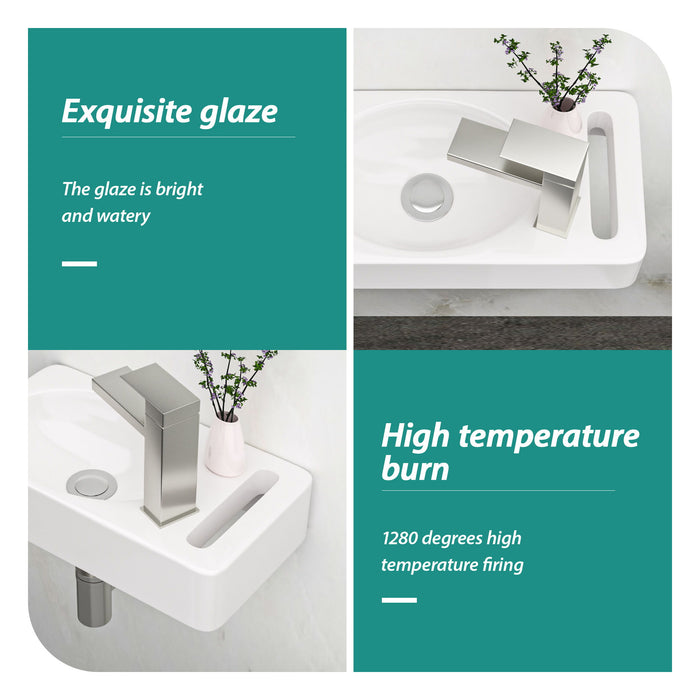 Rectangle, Wall Mount Bathroom Sink & Single Faucet Hole - White