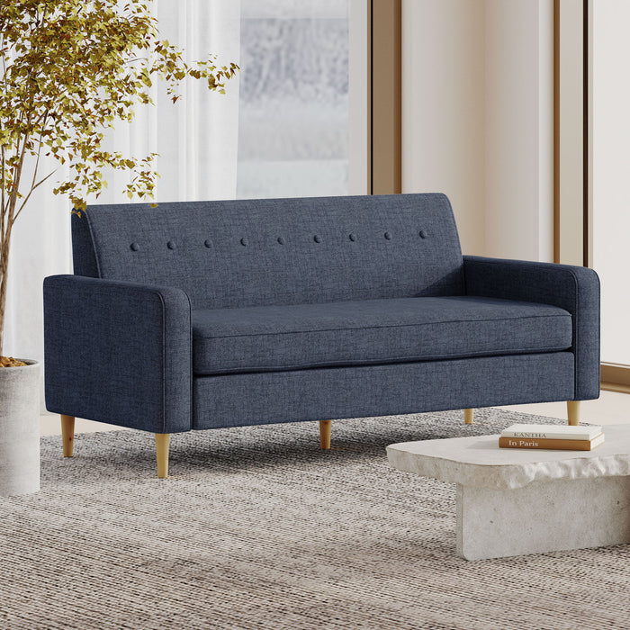 Mid Century Modern 3 Seater Sofa With Button Tufting - Dark Blue