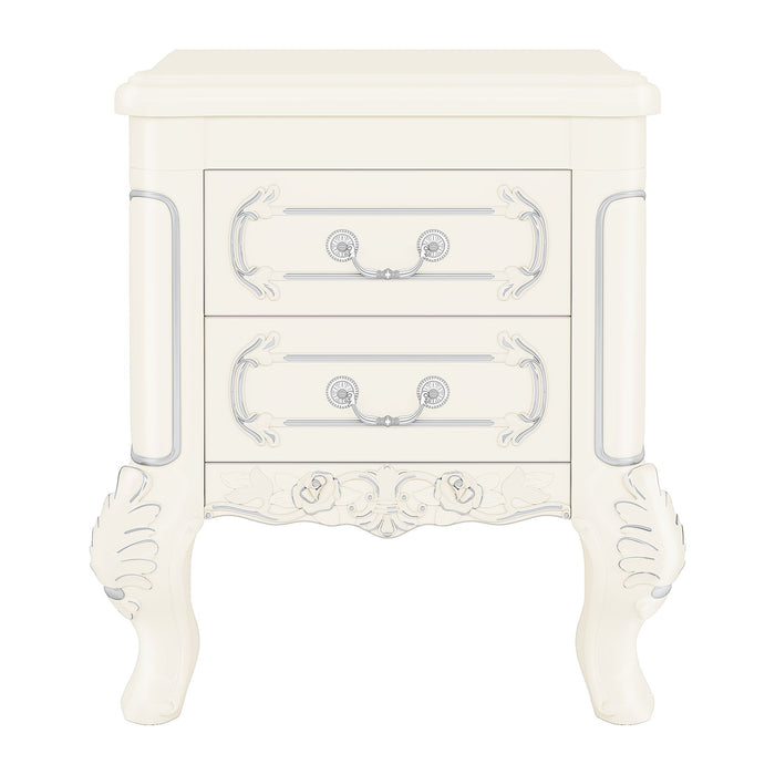 Carved Nightstand With 2 Drawers, Bedside Table - White