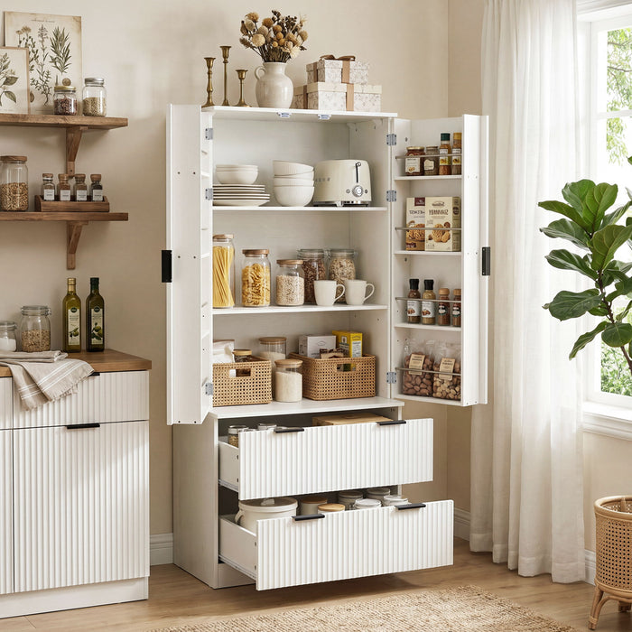 Fluted Kitchen Pantry Cabinet With 2 Large Drawers & 8 Door Spice Rack