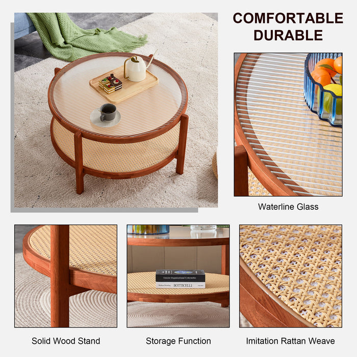 Modern Style Circular Double Layer Tea Table With Rattan Weave