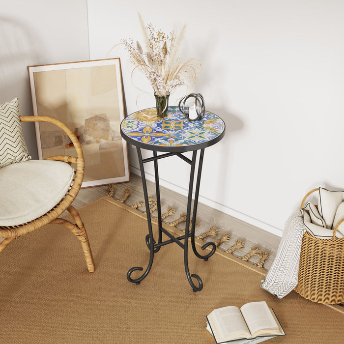 French Country Patio Side Table With Vibrant Tile Top