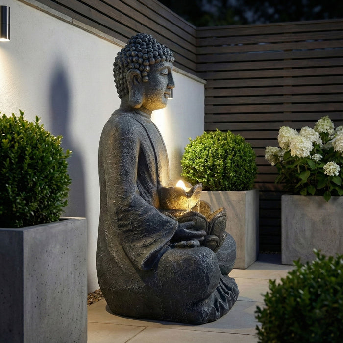 Zen - 2 Tier Meditating Buddha Water Fountain With Pump & LED Light - Gray
