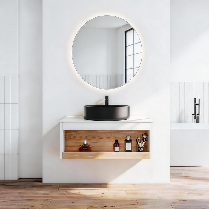 Floating Bathroom Vanity With Glossy Round Vessel Sink