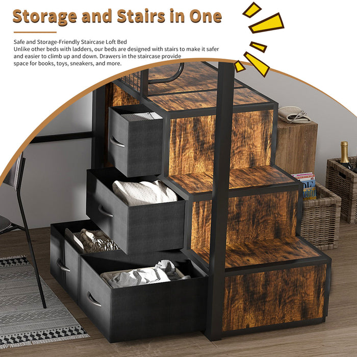 Heavy Duty Full Loft Bed With Desk & USB Charging Metal Frame With Storage Drawers And Staircase - Black