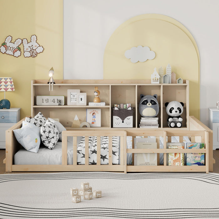 Platform Bed Frame With Guardrail, Storage Shelves & Bookshelf