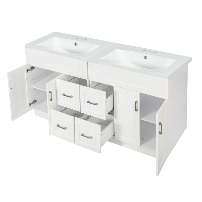Bathroom Vanity With Dual Sinks, 4 Cabinet Doors, 4 Drawers, Adjustable Shelves - White