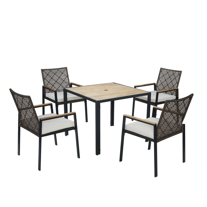 5 Piece Patio Dining Table Set, Acacia Wood Table Top With Umbrella Hole
