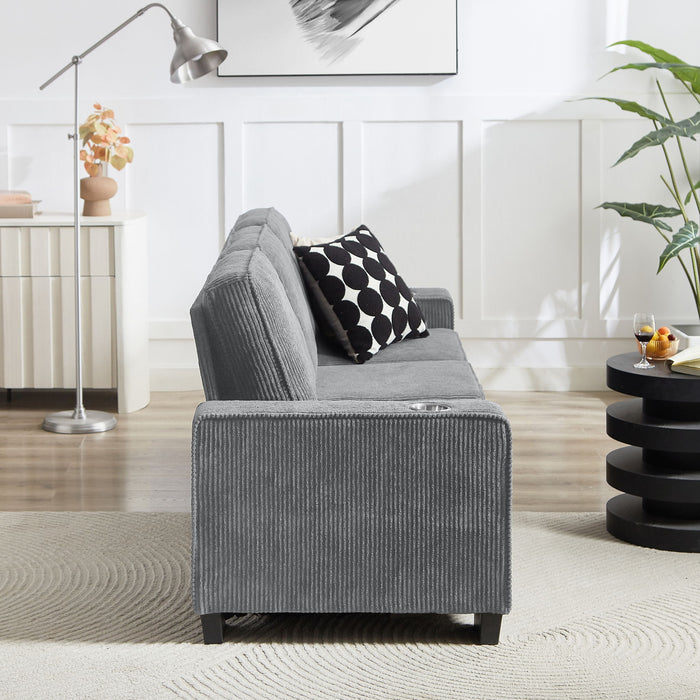 Modern Corduroy Fabric Sofa, 3 Seater Compressed Couch With Cup Holders
