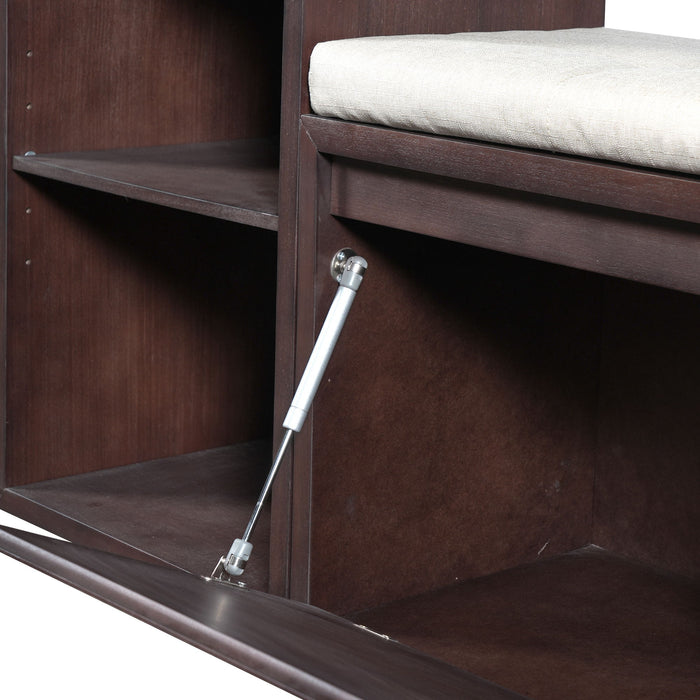 Entryway Storage Bench With Cushion, Drawers & Open Shelves