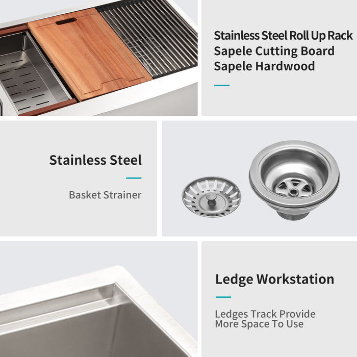 Double Bowl Farmhouse Sink Workstation 33" Stainless Steel 16 Gauge Apron Front - Black / Gray