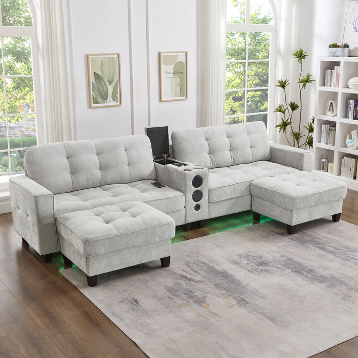Modern Sectional Sofa U-Shaped With Movable Ottomans, Bluetooth Speakers, LED Lights And Modular Storage
